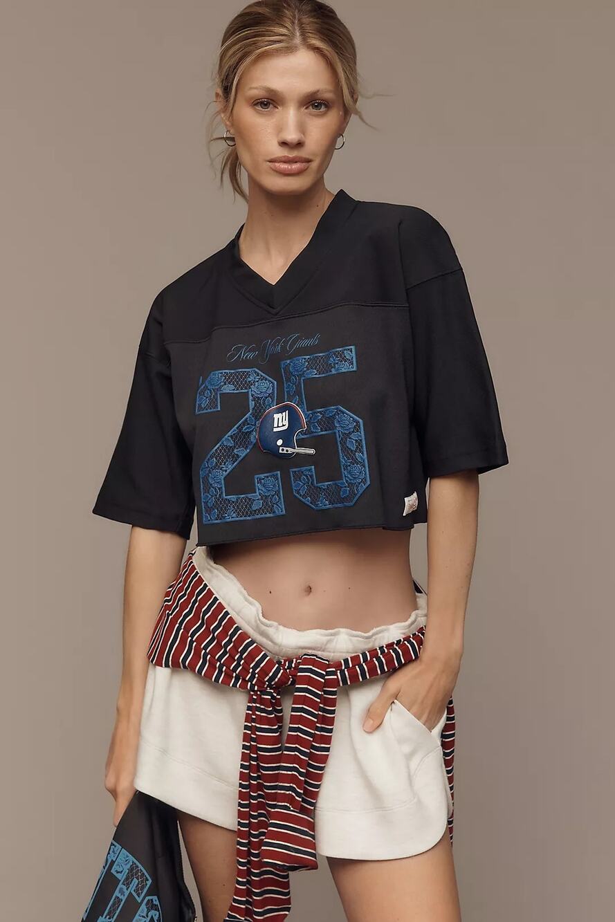 New Anthropologie Mitchell & Ness NFL Cropped Jersey $108 XS Blue NY GIANTS